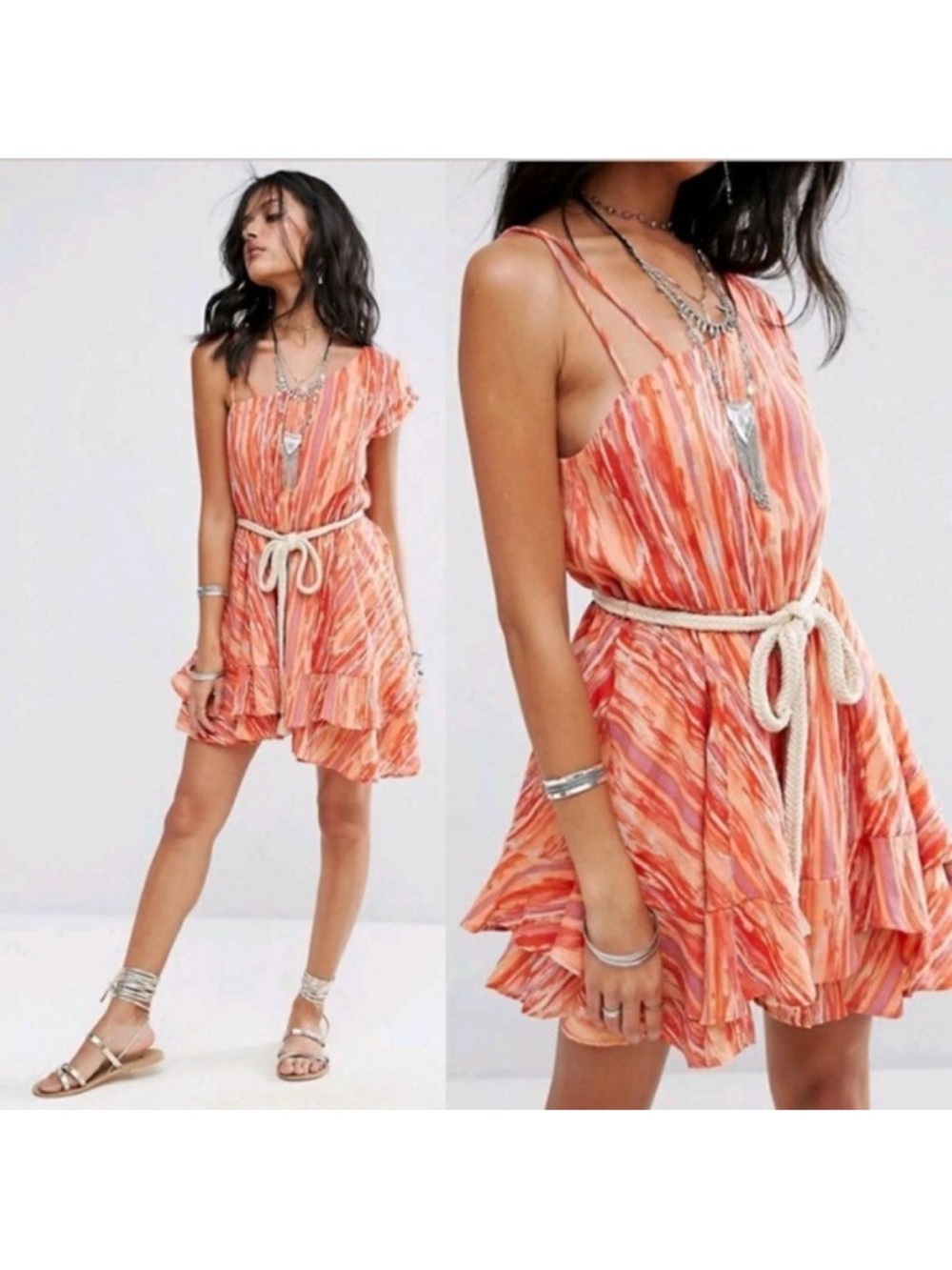 Free People One-Shoulder Orange Striped Mini Dress